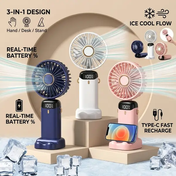 Rechargeable Hand Fan with LED Display 5 Speed Portable Mini Fan