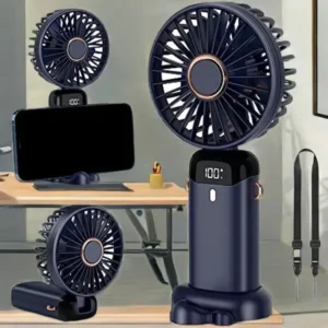 Rechargeable portable hand fan with LED display and 5 speed modes for kids school and travel use